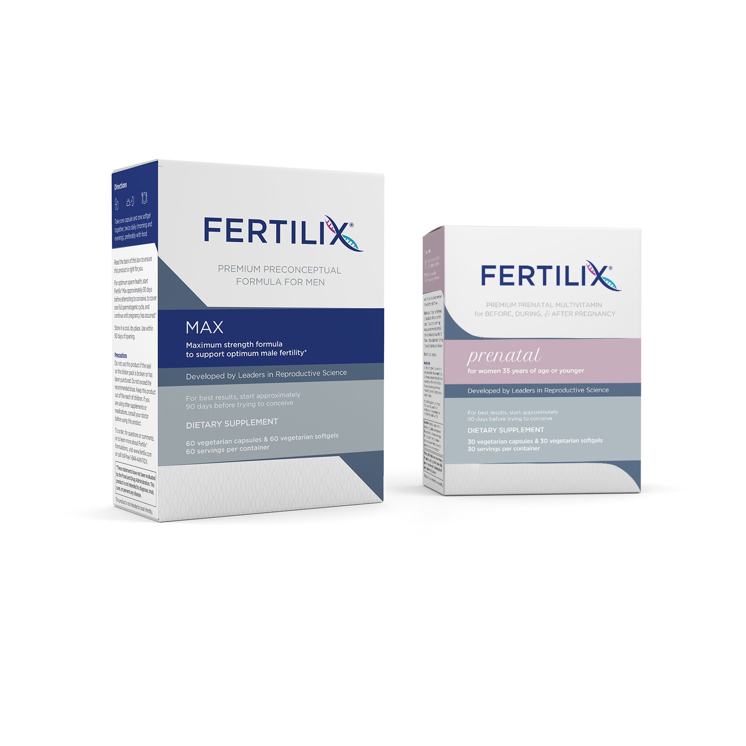 Bundle pack of preconceptual dietary supplement for male reproductive health and prenatal dietary supplement for female reproductive health