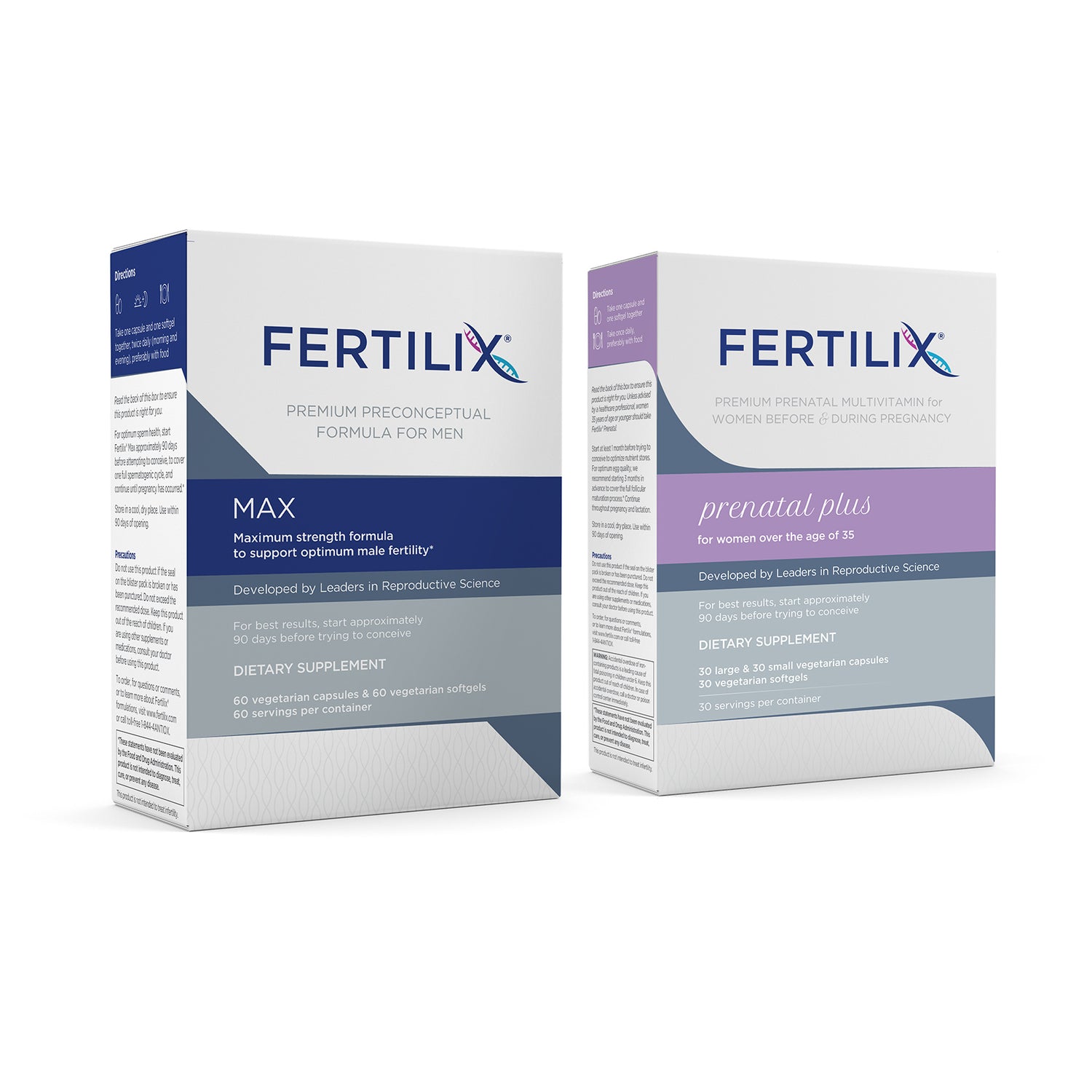 Bundle pack of preconceptual dietary supplement for male reproductive health and prenatal dietary supplement for female reproductive health