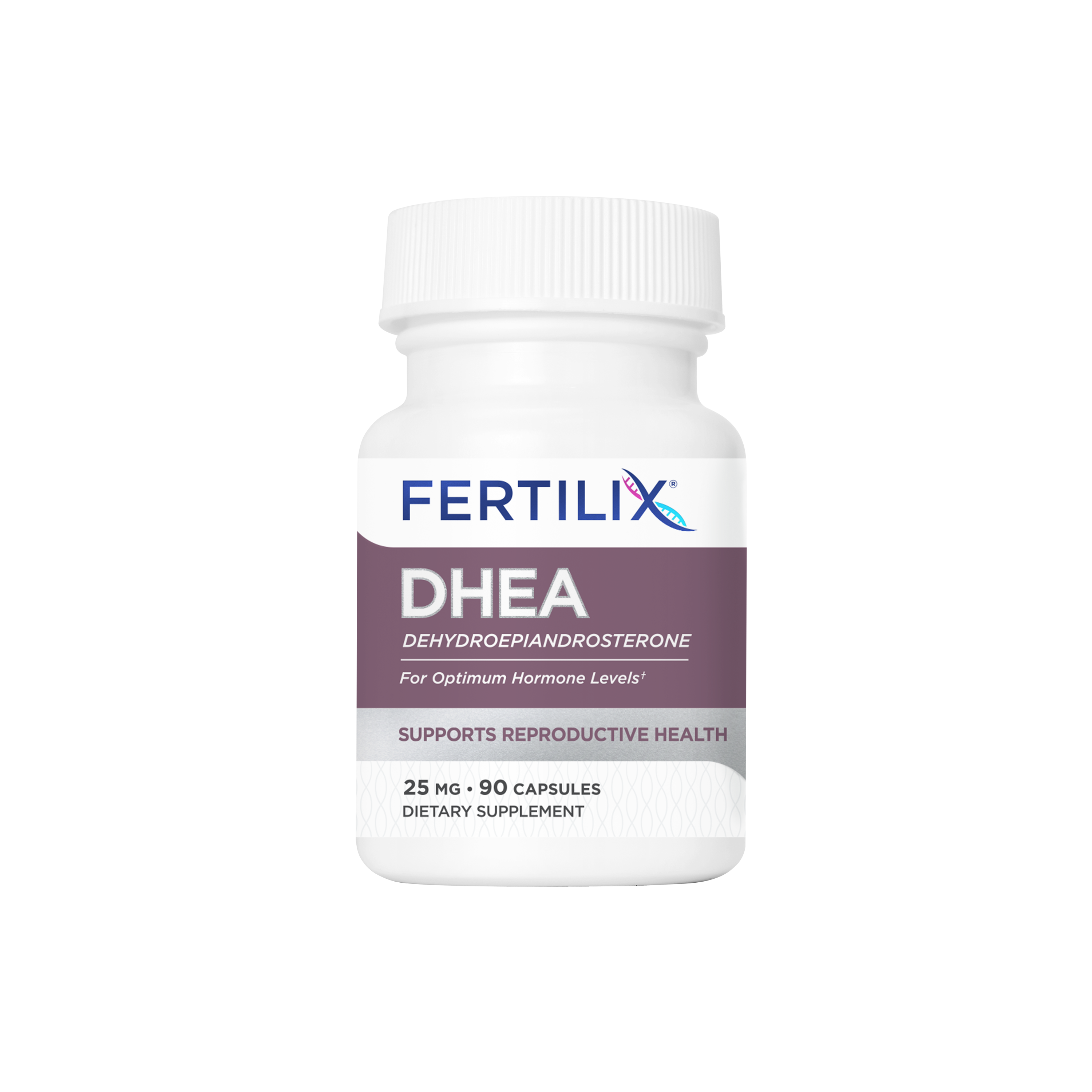 Bottle of DHEA in vegetarian capsules to help support optimum hormone levels for female reproductive health