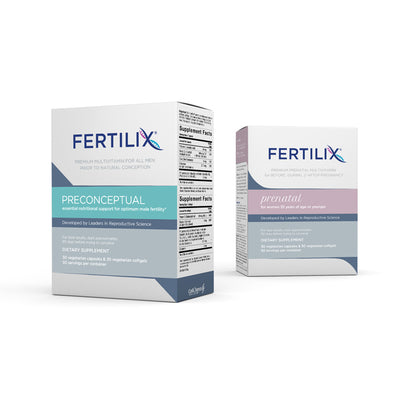Bundle pack of preconceptual dietary supplement for male reproductive health and prenatal dietary supplement for female reproductive health