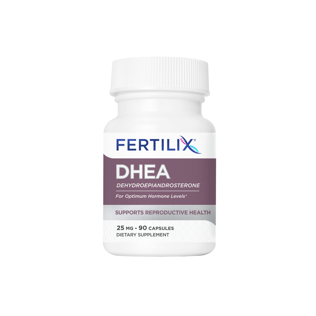 Bottle of DHEA in vegetarian capsules to help support optimum hormone levels for female reproductive health